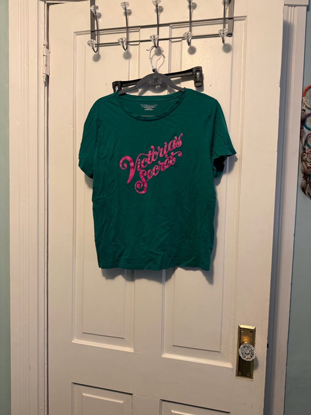 Victoria's Secret Emerald Green Tee with Pink Script Logo